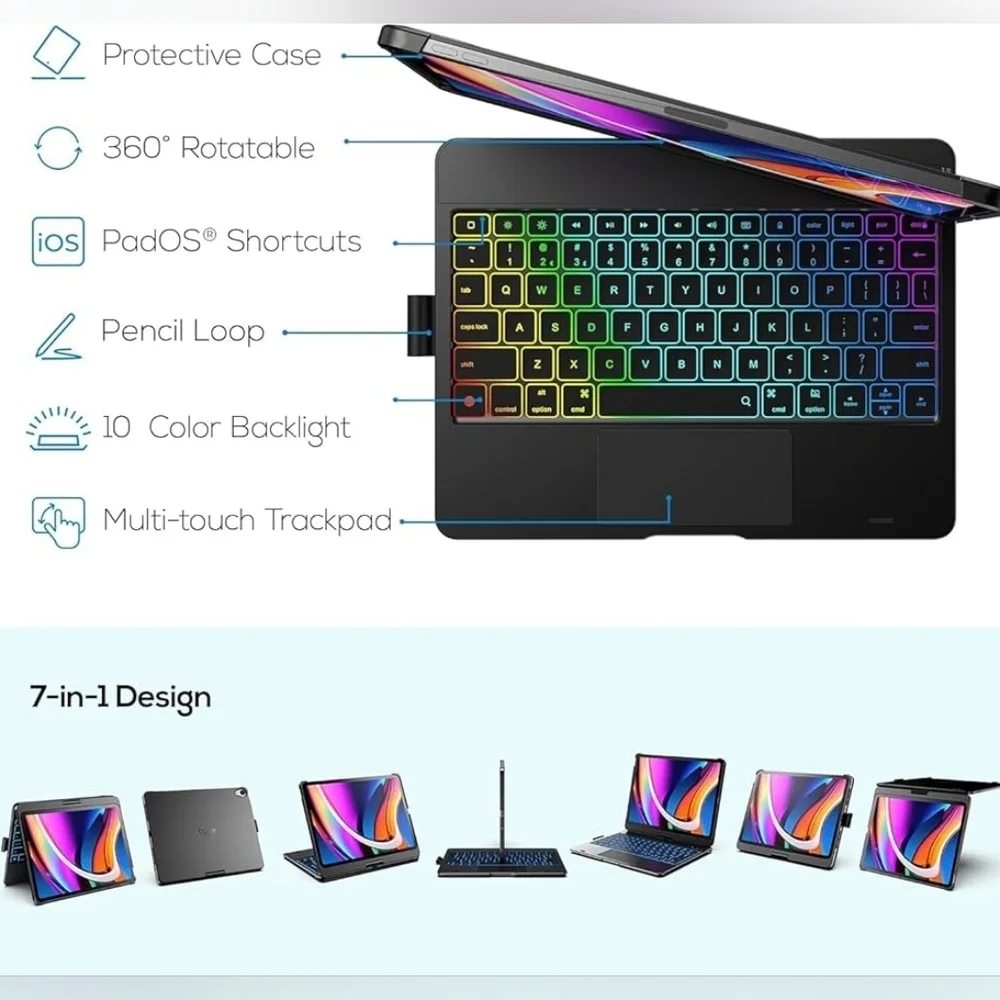 Typecase iPad Air 11” 2024 Touch Keyboard Case 360° Rotatable LED Backlit Black